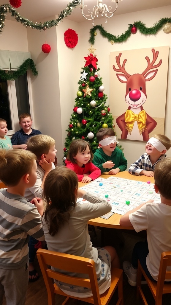 Children playing Christmas games at a festive party, including Bingo and Pin the Nose on Rudolph.